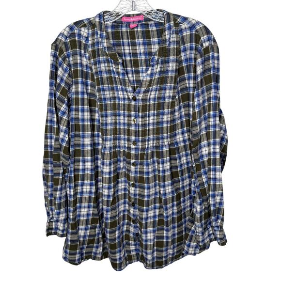 Woman Within Tops - Woman Within Plaid Button Front Tunic Shirt 2X 26/28 Blue Green Long Sleeve